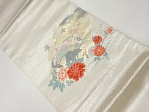 リサイクル　地紙に花々・梅・松・雲模様織出し開き名古屋帯（額縁仕立て）